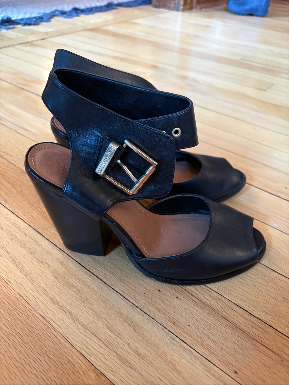 Vince Camuto Black Peep-Toe Block Heel Sandals with Buckle